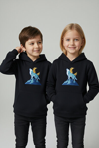 TURAN TACTICS Παιδικό φούτερ με κουκούλα με κέντημα μαύρο λύκο - Unisex