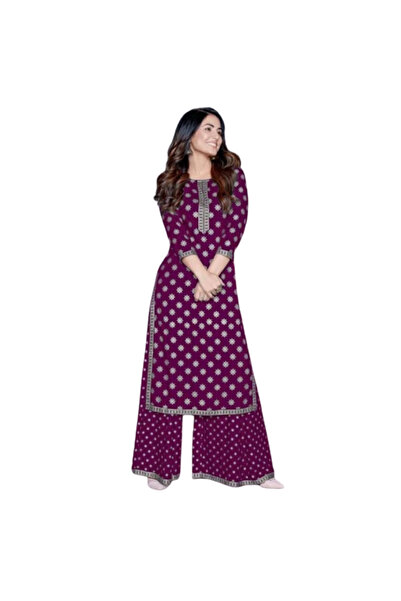 MYSMAR طقم كورتي وبلازو مطبوع من قماش الرايون البنفسجي - HRT5963 | بنفسجي