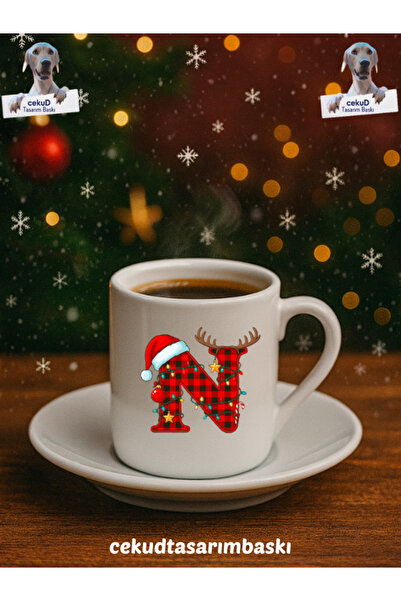 cekud tasarım baskı Yılbaşı Temalı Harfli Türk Kahvesi Fincanı Seramik Hediye...
