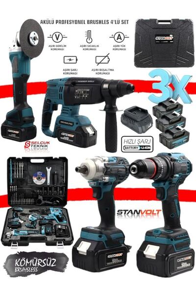 Saatistan Profesyonel Şarjlı Darbeli Set, 125mm Taşlama, 13mm Darbeli Matkap,...