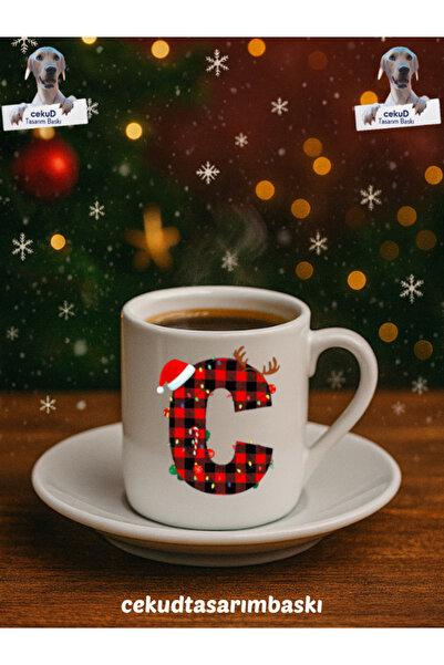 cekud tasarım baskı Yılbaşı Temalı Harfli Türk Kahvesi Fincanı Seramik Hediye...