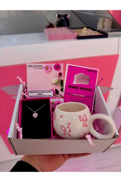 Perry Accesories 1 adet kararmaz çelik pembe kalp kolye ve pembe fiyonk seramik kupa ve doğal taş pembe kuvars hediye