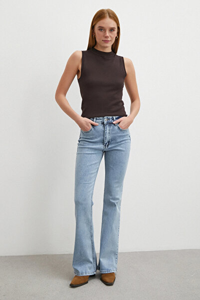 Never more Blugi cu talie mijlocie material elastic evazat Ice Blue