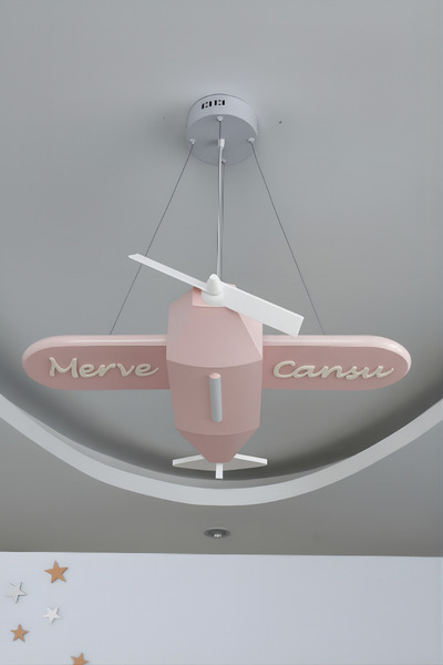 FORECASTE Uçak Temalı LED Çocuk Odası Sarkıt Avize (70x80) Kişiye Özel , El Yapımı Görünüm(Pastel Pembe)