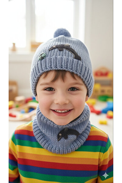 Toka Perisi Hand Knitted Felt Fish Embroidered Boys' Beanie Neck Collar Set