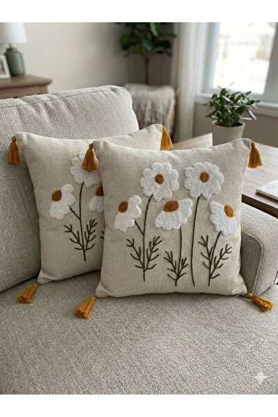 by ballı biocotton 2-Piece Punch Embroidered Tassel Decorative Throw Pillow Cover