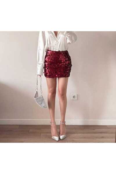 aytenli Fusta mini roz elastică cu talie înaltă, cu paiete mari și mici, cu talie ajustată