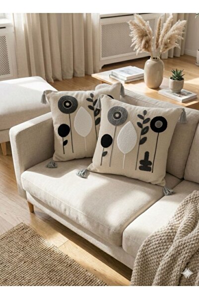 by ballı biocotton 2-Piece Punch Embroidered Tassel Decorative Throw Pillow Cover