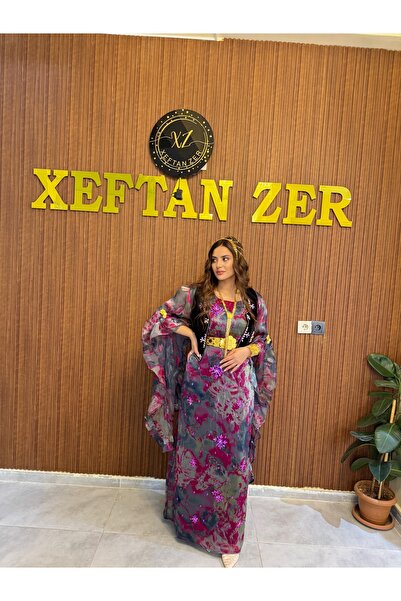 Xeftan zer Özel taş işlemeli mor ve gri taş işlemli kaftan yelek dahil