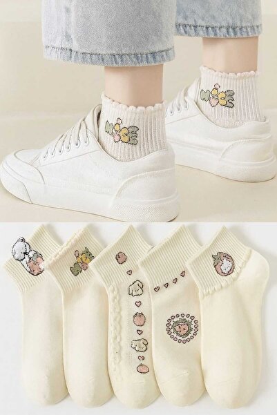 Çorapland 5 Çift Kadın Krem Nice Desenli Kısa Çorap