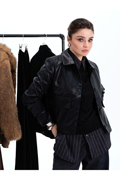 LC Waikiki Black Shirt Collar Women's Leather Look Jacket