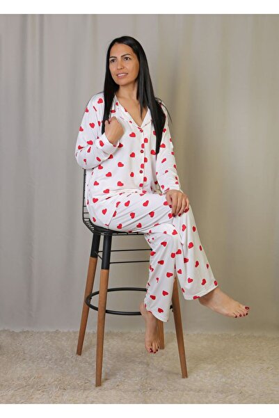 emsal özgür tekstil Red Heart Patterned Oversized Cut Cotton Shirt with Light...