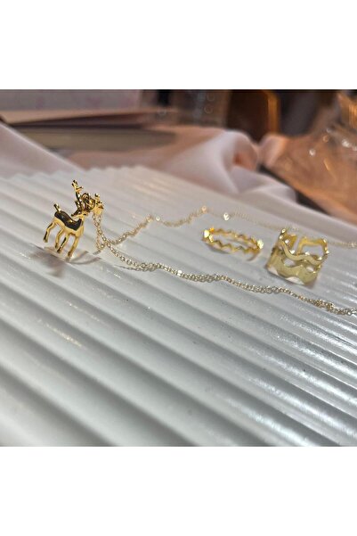 ELİSHA BUTİK AHU GEYİK KOLYE GOLD YÜZÜK SETİ