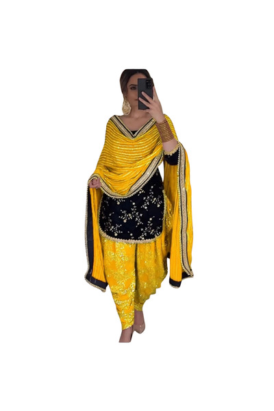 MYSMAR Yellow Viscose Velvet Kameez Salwar & Dupatta - HRT5406 | Yellow