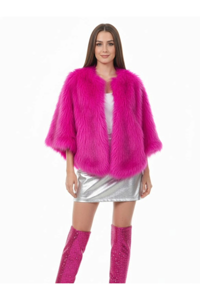 Daisy Pembe Kürk Panço Bohem Kaban Dış Giyim