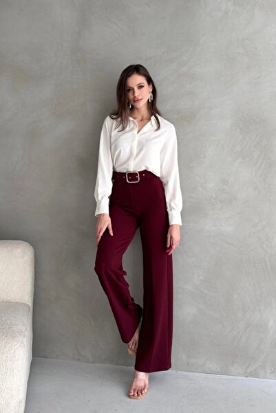 Ales Moda Yüksek Bel Krep Kumaş Full Likralı Çift Düğmeli Ve Kemerli Pantolon