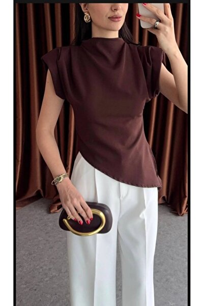 modapark.ist Women's Asymmetrical Cut Shoulder Padded Back Zipper Blouse