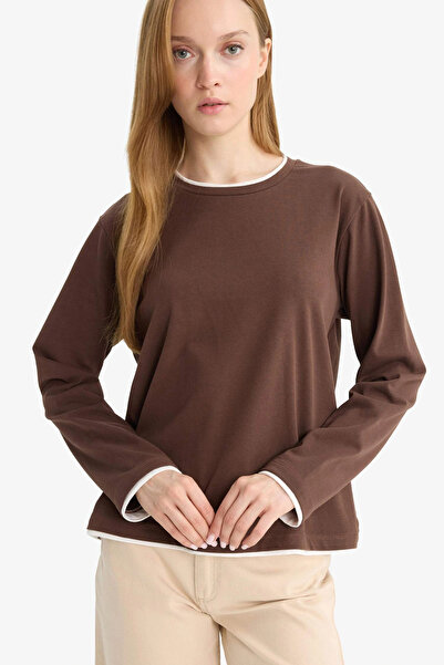 DeFacto F9451Axbn341 Coffee Regular Fit Crew Neck Long Sleeve T-Shirt Tunic