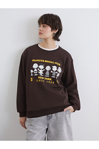LC Waikiki Brown Snoopy Printed Oversize Women's Thick Sweatshirt