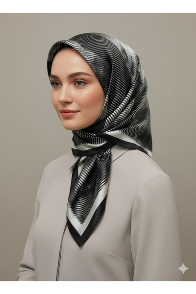 Levidor وشاح 90×90 بمظهر حريري أسود - رمادي - تصميم أنيق غير قابل للانزلاق