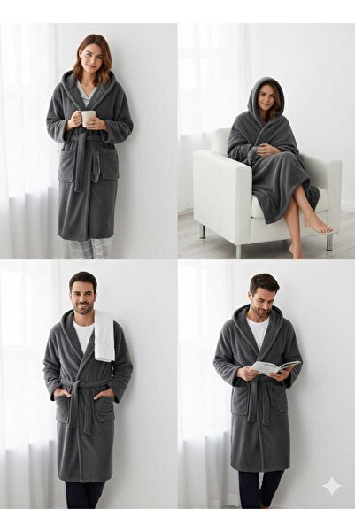MOONSAND Anthracite Gray Wellsoft Plush Ka Hooded Nisex Dressing Gown