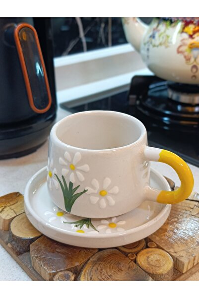 GenelTedarik PAPATYA Desen El işlemeli Tabaklı Seramik Kupa, mug Türk Kahvesi...