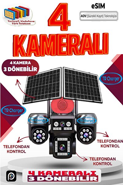 TRCharger 4 Kameralı (3 Motorlu + 1 Sabit)12MP 4G Solar Kamera AOV 7/24 Kayıt 1 Yıl 10GB Her Ay Hediye