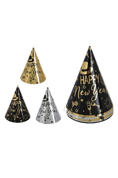 OEM Metalized Cardboard Party Hats "Happy New Year" 16cm - 6 pcs