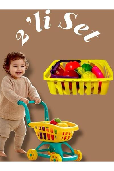 SAZE 16 PARCA KESİLEBİLİR MEYVE SEBZE SEPELİ + MARKET ARABASİ 2 Lİ SET OYUNCA...