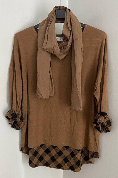 AYASOFYA OTANTIK Women's Italian Cappuccino Round Neck Checkered Pattern Scarf-Lined Knitwear Blouse