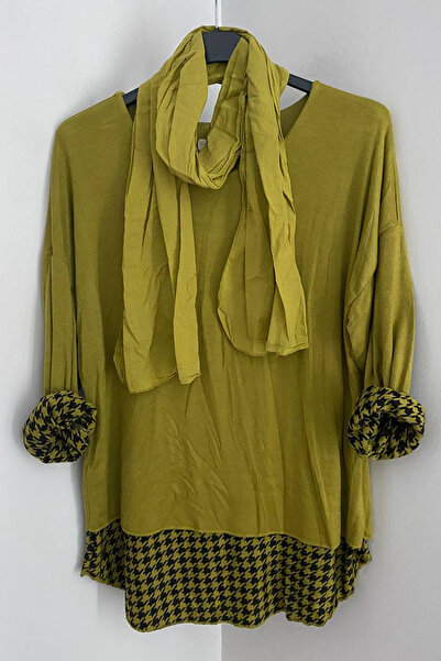 AYASOFYA OTANTIK Women's Italian Oil Green Round Neck Houndstooth Pattern Scarf-Lined Knitwear Blouse