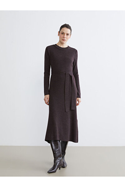 LC Waikiki Plum Crew Neck Belted Knit Dress