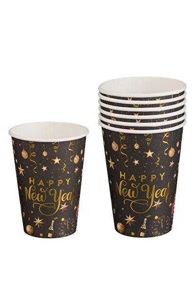 OEM Black Christmas party paper cups with gold foil 'Happy New Year' 270ml - 6 pcs