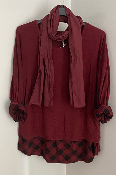 AYASOFYA OTANTIK Women's Italian Burgundy Round Neck Checkered Pattern Scarf-...