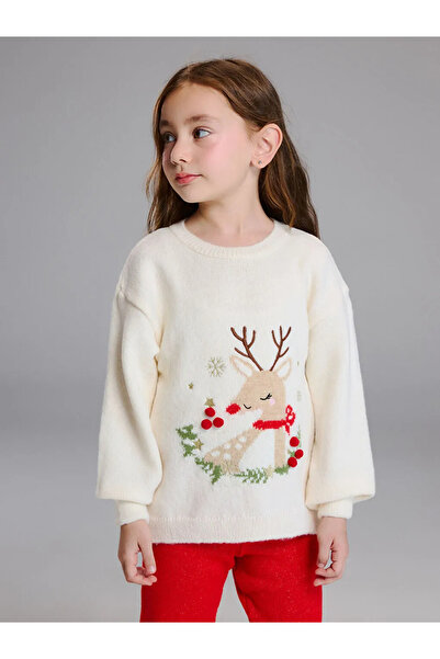 LC Waikiki Lcw Kids Ecru Christmas Themed Girls' Knitwear Sweater and Leggings