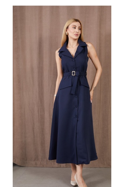 ZENNE TOPTAN Kruvaze yaka kemerli elbise lacivert renk