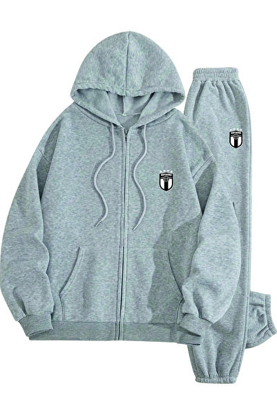 HOFFNUNG Casual Hooded Top and Sweatpants Set - Solid Color Logo Full Zip