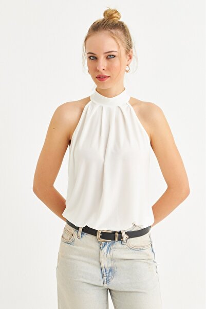 Be Best Women's Ecru Halter Neck Patterned Blouse Be252