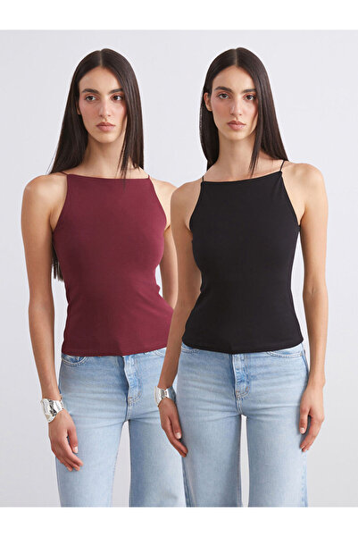 LC Waikiki Burgundy Halter Neck string strap women's tank top 2-pack
