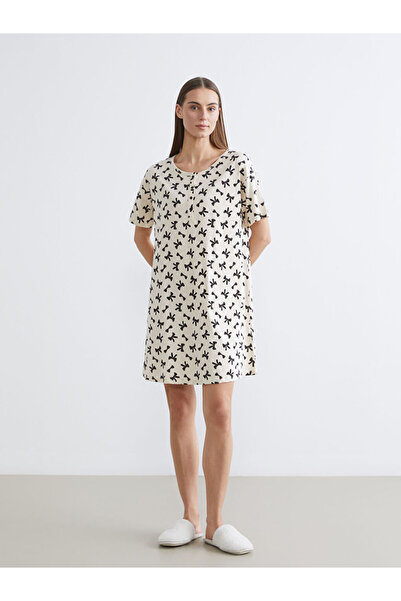 LC Waikiki Bisiklet Yaka Fiyonk Desenli Hamile Gecelik