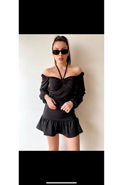 JANES Γυναικείο μίνι φόρεμα με μακρυμάνικο λαιμόκοψη με λεπτομέρεια