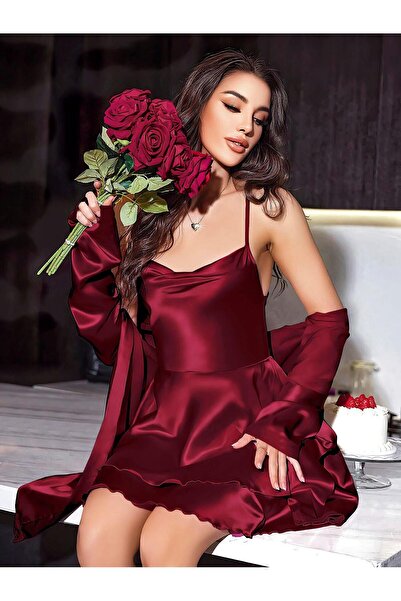 A normal Tekstil Sırt Dekolteli Sabahlıklı Saten Bordo 2'li Gecelik Takımı