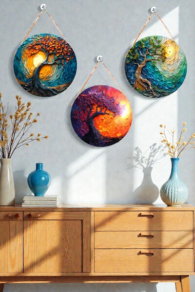 Nod Set de pictură murală rotundă cu 3 piese din lemn cu tematică naturală, d...
