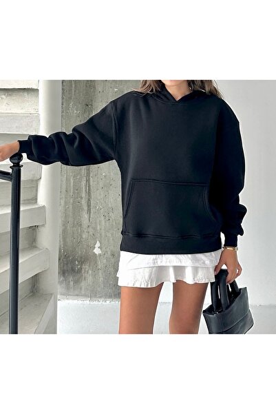 Kadın Siyah 3 İplik Oversize Kapüşonlu Kanguru Cepli Kalın Sweatshirt Hoodie