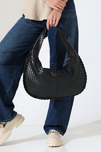 Encool Чорна жіноча сумка з плетеним візерунком, велика сумка через плече