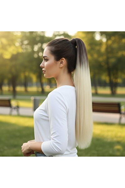 Zeysum Kumral Platin Ombreli Lastik Tokalı At Kuyruğu Düz Saç Postiş 70 Cm 15...