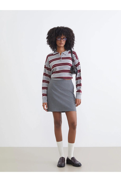 LC Waikiki XSIDE Pulover tricotat pentru femei, gri cu guler polo, cu dungi supradimensionat