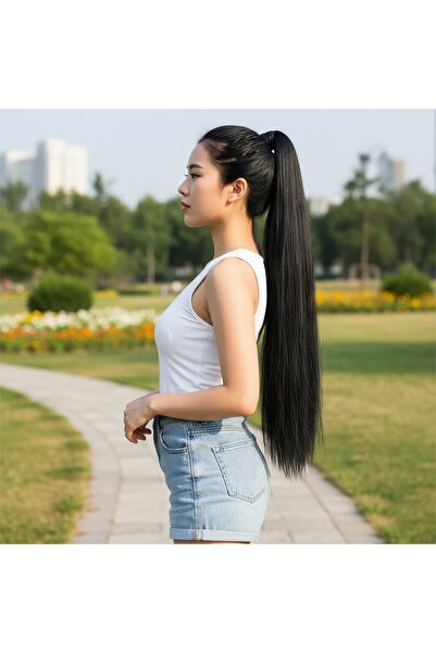 Zeysum Siyah Lastik Tokalı At Kuyruğu Düz Saç Postiş 70 Cm 150 gr Isıya Dayan...