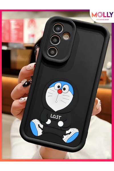 Molly حافظة سيليكون سوداء ذات حواف سميكة ثلاثية الأبعاد منقوشة على شكل دورايمون لهاتف سامسونج جالاكسي A14