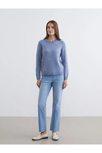 LC Waikiki Lcw comfort blue crew neck pearl embroidered women's knit sweater